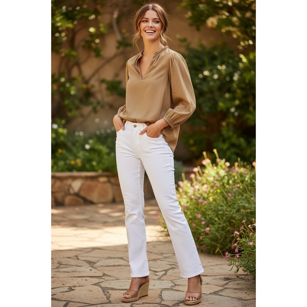 VINCE Camel Tan Braided Trim Split Neck Puff Sleeve Cotton Blouse XS/S NWOT $225
